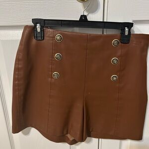 Zara High-Waist Faux Leather Brown Shorts with Gold Buttons